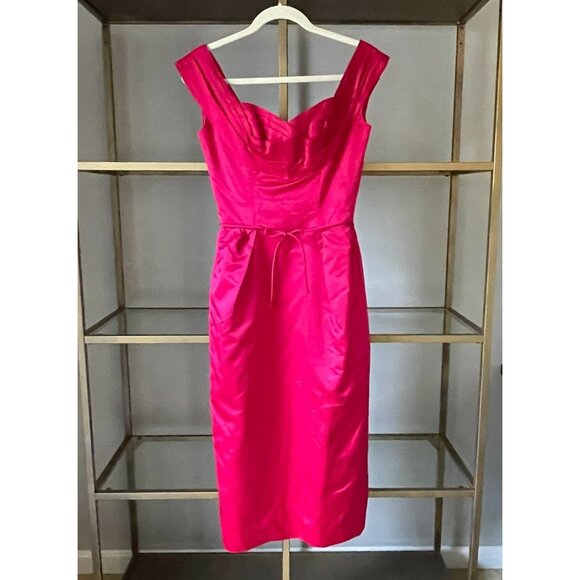 Vtg 50s Ceil Chapman Stunning Red Pink Satin Fitted Sheath Retro Cocktail Dress - Picture 7 of 13